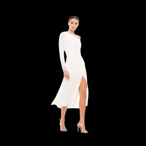 Ieena Mac Duggal White Rhinestone Off The Shoulder Wrap Midi Dress, Size 10